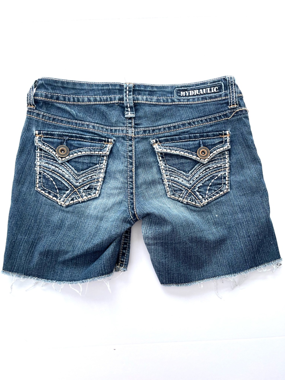 y2K Hydraulic Women's Jean Shorts Embellished Back Flap Pockets White Stitching